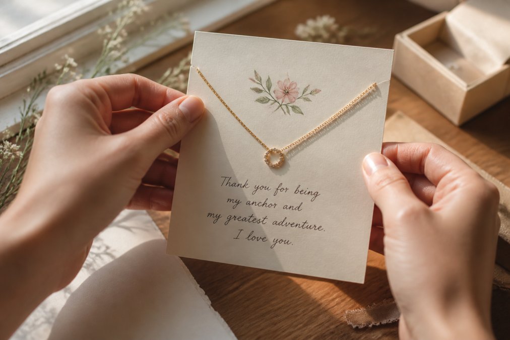 Close-up of hands arranging a delicate necklace across a cream-colored custom message card with handwritten text and a small floral illustration, natural window lighting creating soft shadows on the card