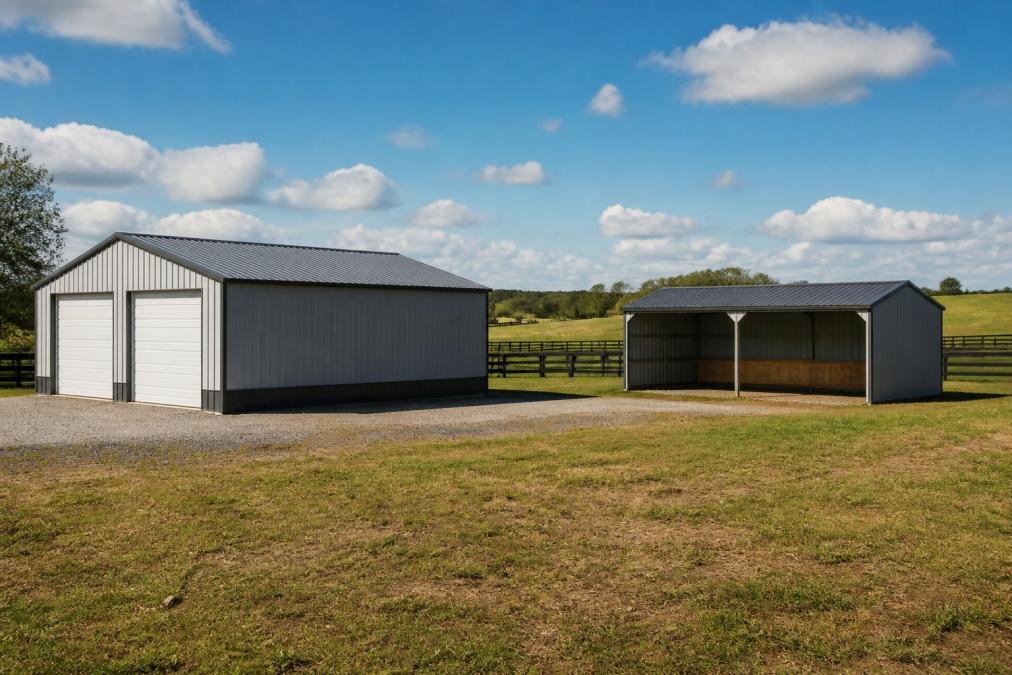 Comparison chart of custom metal barns showing size and price variations for garage and livestock sheds
