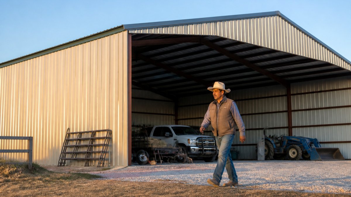 Professional steel barn structure with clear span roof and galvanized corrugated panels on a rural property with open sky backdrop