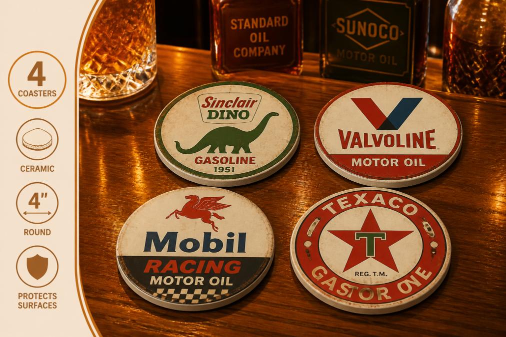 Close-up of four vintage ceramic coasters arranged on a polished wooden bar top with vintage glass bottles and dim amber lighting, showing distressed gas station branding