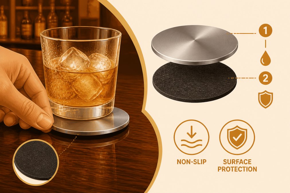 Hand placing a stainless steel coaster with felt non-slip backing beneath a cold cocktail glass on a polished dark wood bar surface, with condensation visible on the glass