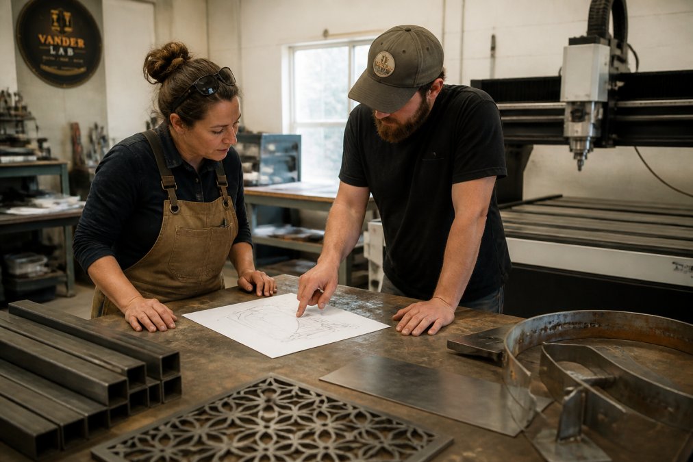 A small business owner and a fabricator reviewing a hand-drawn sketch of a metal sign on a workbench, with finished metal pieces and CNC tools visible in a bright workshop