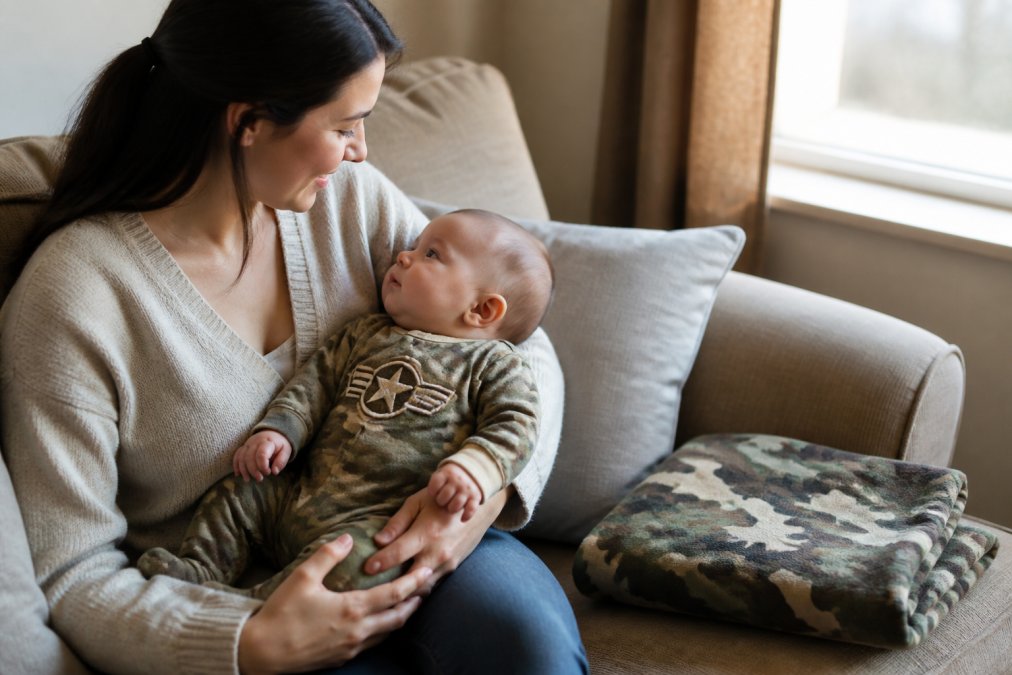 A parent sitting on a cozy sofa holding a baby in a custom embroidered military-themed onesie, a folded camouflage blanket resting nearby and soft afternoon light coming through a window