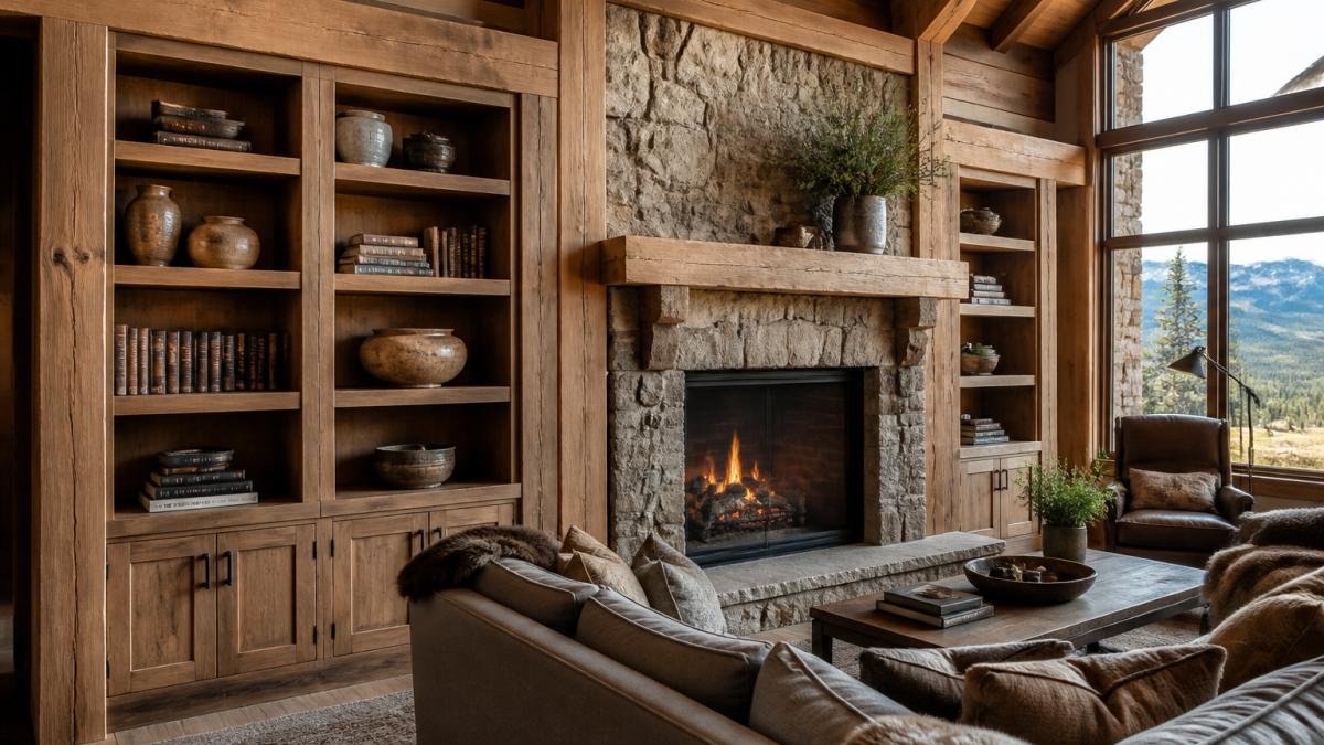 Handcrafted timber shelving as custom millwork for mountain homes featuring warm wood tones and natural light.