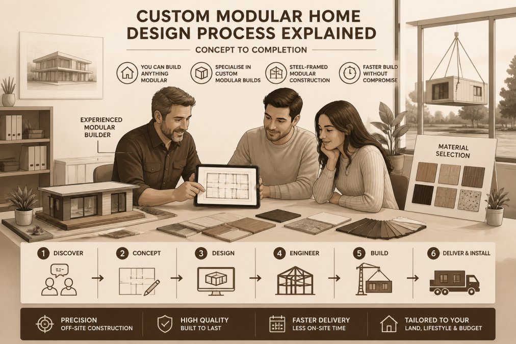 Builder and couple reviewing a modular home design process flow on a tablet with 3D models and material samples