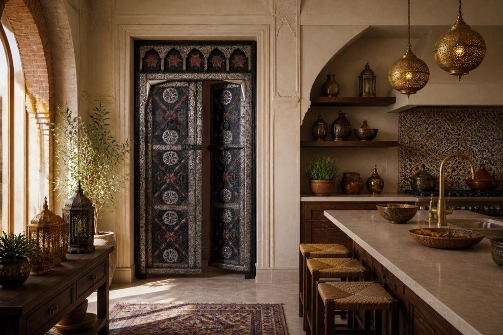 Close-up of an intricately carved Moroccan wooden door featuring bone inlay geometric patterns, hand-tooled brass metalwork, and Islamic calligraphy, with warm natural light highlighting the dimensional relief carving