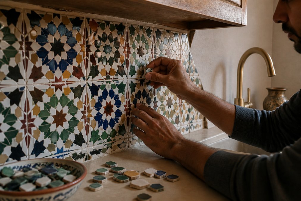 Artisan's hands carefully installing geometric zellige mosaic tiles on a kitchen backsplash, showing precision placement of hand-cut pieces in complementary earth tones and jewel colors, with natural light revealing the dimensional depth of the mosaic