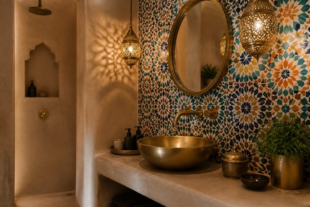 Luxurious bathroom interior showcasing hand-glazed zellige tiles in geometric patterns covering accent wall in blues and terracottas, with a handcrafted brass vessel sink, brushed brass faucet, and warm ambient lighting from brass lanterns casting intricate shadows on burnished tadelakt plaster walls