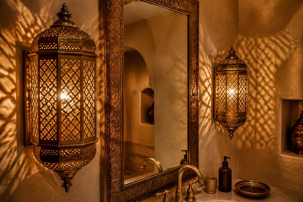Close-up of authentic handcrafted brass lanterns and wall sconces installed flanking a bathroom mirror, casting intricate geometric shadow patterns across burnished tadelakt plaster walls in warm amber light