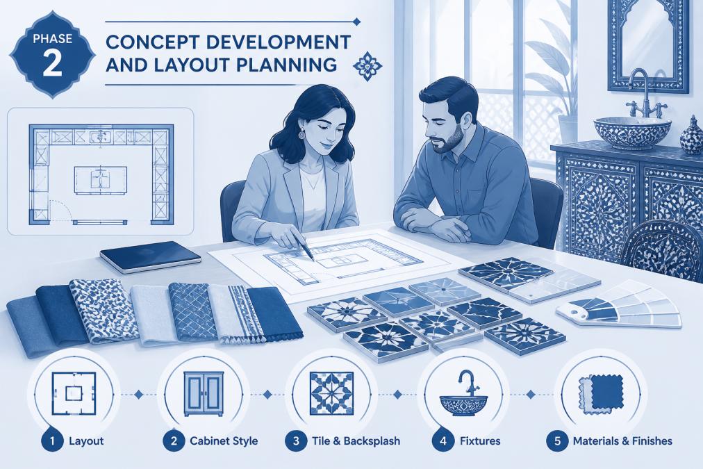 Interior designer reviewing architectural drawings and Moroccan tile samples with a homeowner at a design consultation table with natural light streaming through windows, showing fabric swatches and zellige tile samples spread across the surface