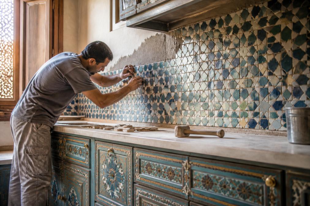 Craftsman with specialized tools carefully installing hand-cut zellige tiles in a geometric pattern on a kitchen backsplash, with custom Moroccan cabinetry visible below and natural light highlighting the detailed tilework