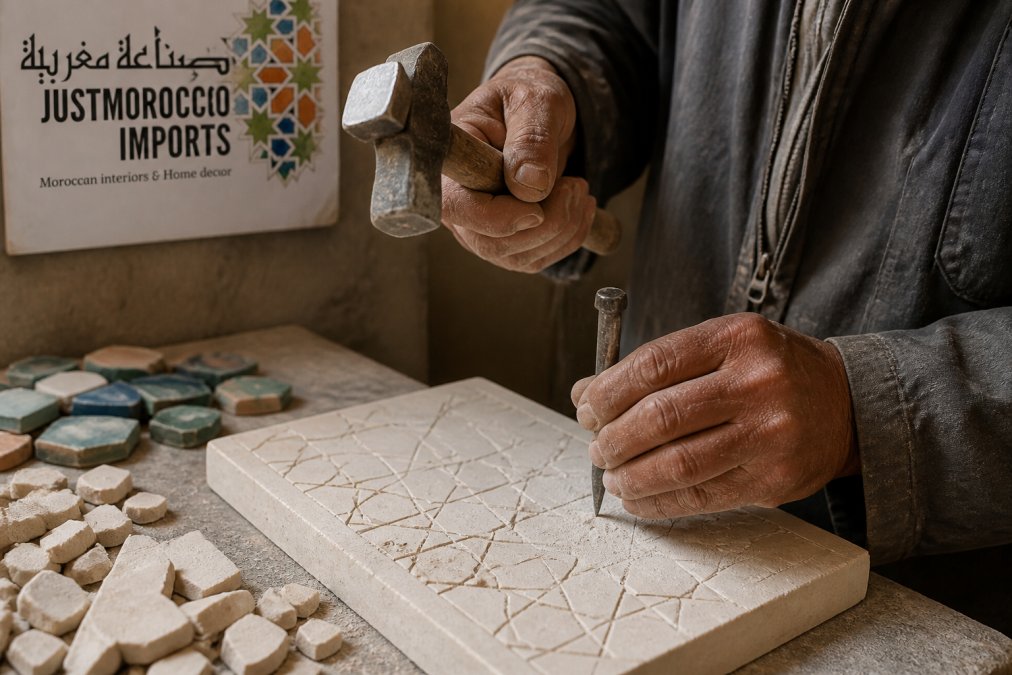 Moroccan artisan's weathered hands hand-chiseling intricate geometric tile patterns with traditional metal chisels and hammer, showing precise detail work on a cream-colored ceramic tile in a workshop with natural side lighting