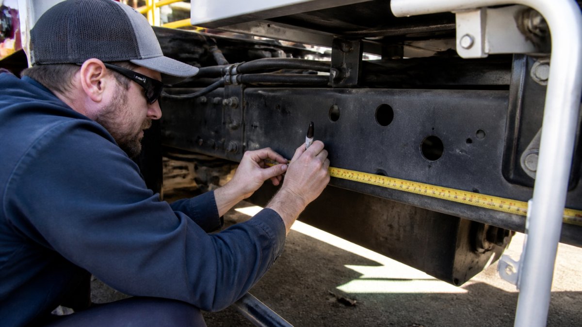 Professional technician marking precise measurements on truck frame with marking pen and measuring tape, showing alignment checks and structural reference points
