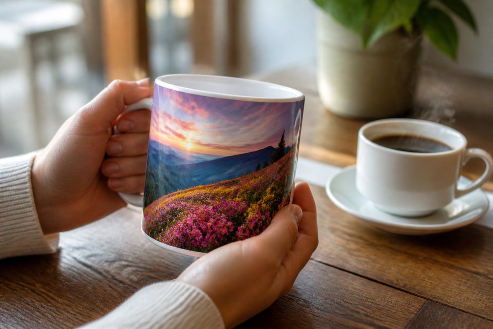 Close-up of hands holding a glossy white ceramic mug with a vibrant full-wrap design, set on a wooden table beside a steaming coffee cup and saucer in warm natural light