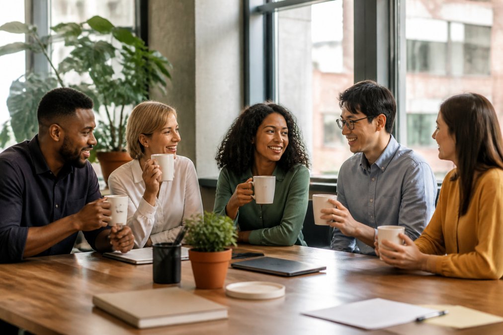 A diverse team of office workers gathered around a conference table, each holding custom ceramic mugs with personalized designs and company logos, smiling and chatting during a morning break with natural light streaming through windows