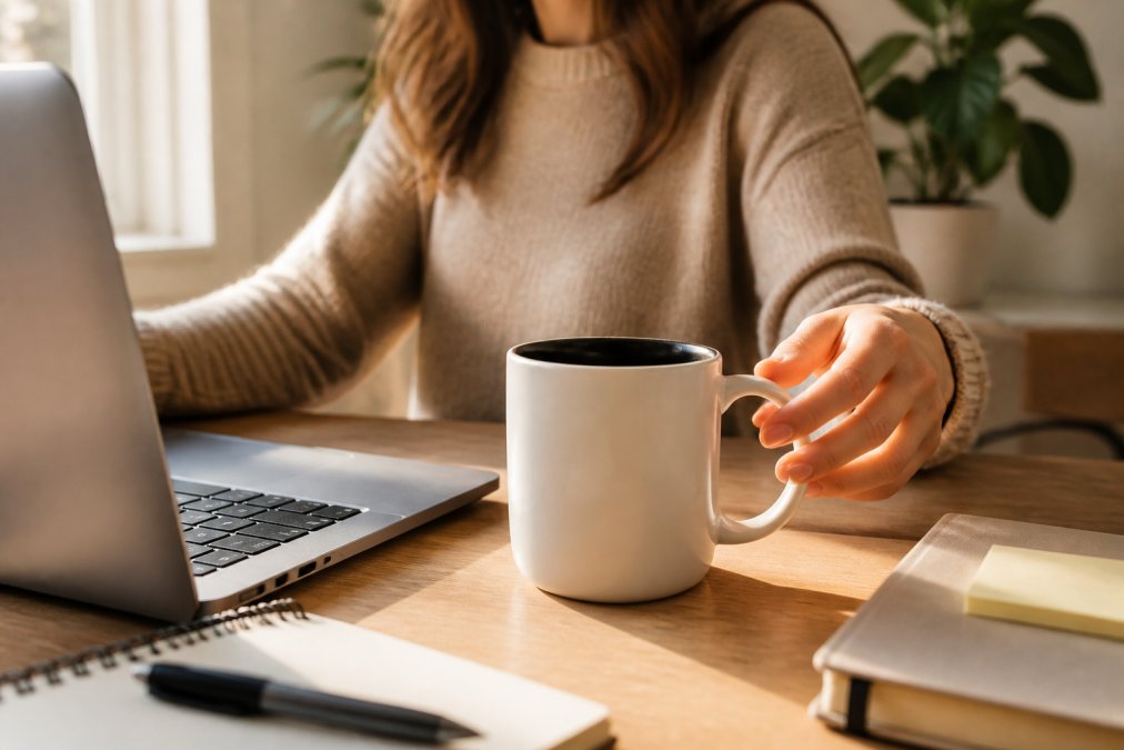 Close-up of a branded ceramic mug with a motivational message and company logo sitting on a home desk next to a laptop, with a remote worker's hand reaching for it during a morning work session, warm natural light from a window