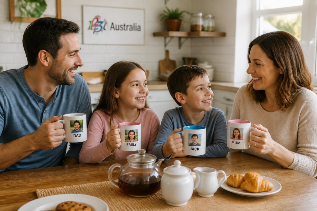A smiling family gathered around a kitchen table, each holding a different personalised mug with names and photos, warm morning light, coffee and tea on the table