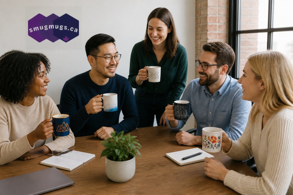 Diverse team of office workers gathered around a meeting table, each holding custom branded mugs with unique designs, smiling and collaborating in natural office lighting