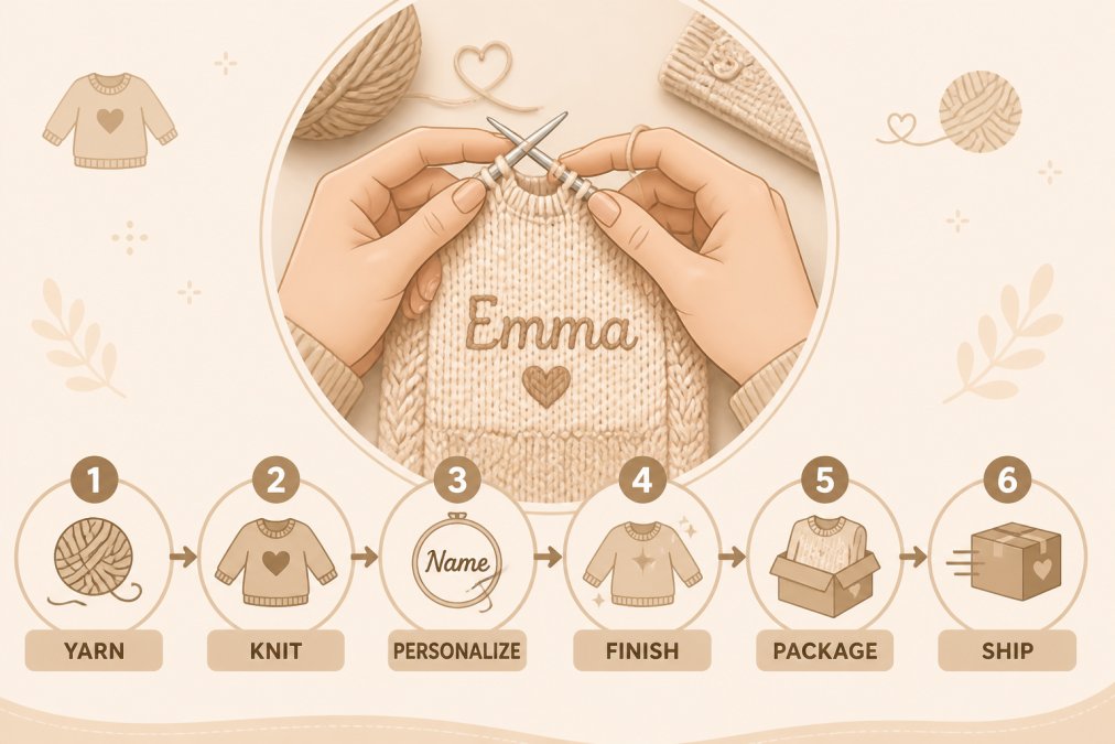 Close-up of hands working on a hand-knitted baby sweater with soft pastel yarn and metal needles, showing intricate stitching and the careful craftsmanship of the knitting process