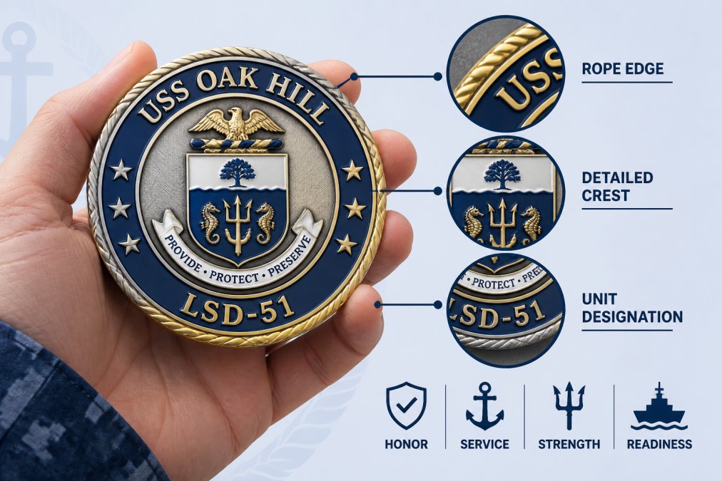 Close-up of detailed Navy ship crest challenge coin being held in a sailor's hand, showing intricate insignia details, metallic gold and silver finishes, and rope edge border in natural daylight