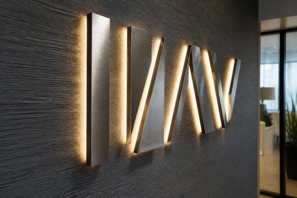 Close-up of a modern office lobby wall featuring brushed metal dimensional lettering mounted on a textured accent wall with a subtle LED halo glow