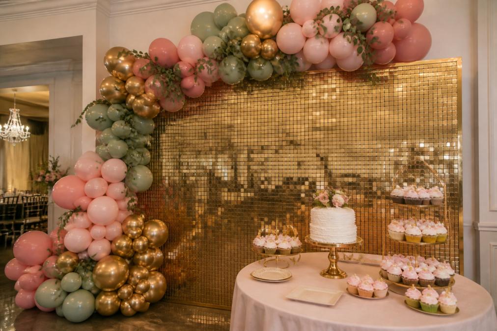 A colorful organic balloon garland in blush, gold, and sage tones draped asymmetrically over a shimmer wall backdrop at an indoor birthday celebration, with soft event lighting and a dessert table in the foreground