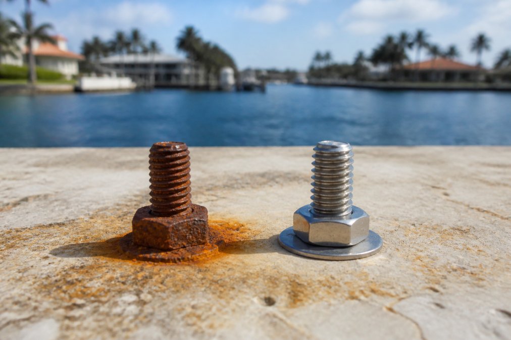 Close-up of corroded standard steel fastener next to protected stainless steel fastener in coastal setting, showing rust bloom and pitting damage