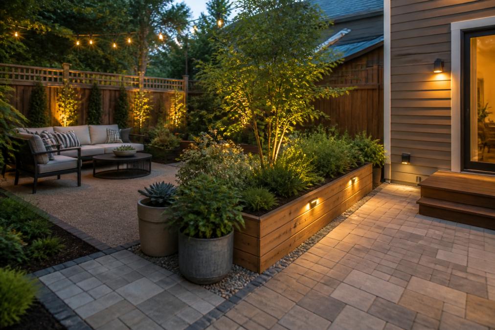A small residential backyard with clearly delineated zones featuring a compact seating area with outdoor furniture on one side, a raised planter bed with container plants and native shrubs in the center, and a permeable paver patio space with ambient lighting near the house, demonstrating how spatial planning divides a limited yard into distinct functional areas