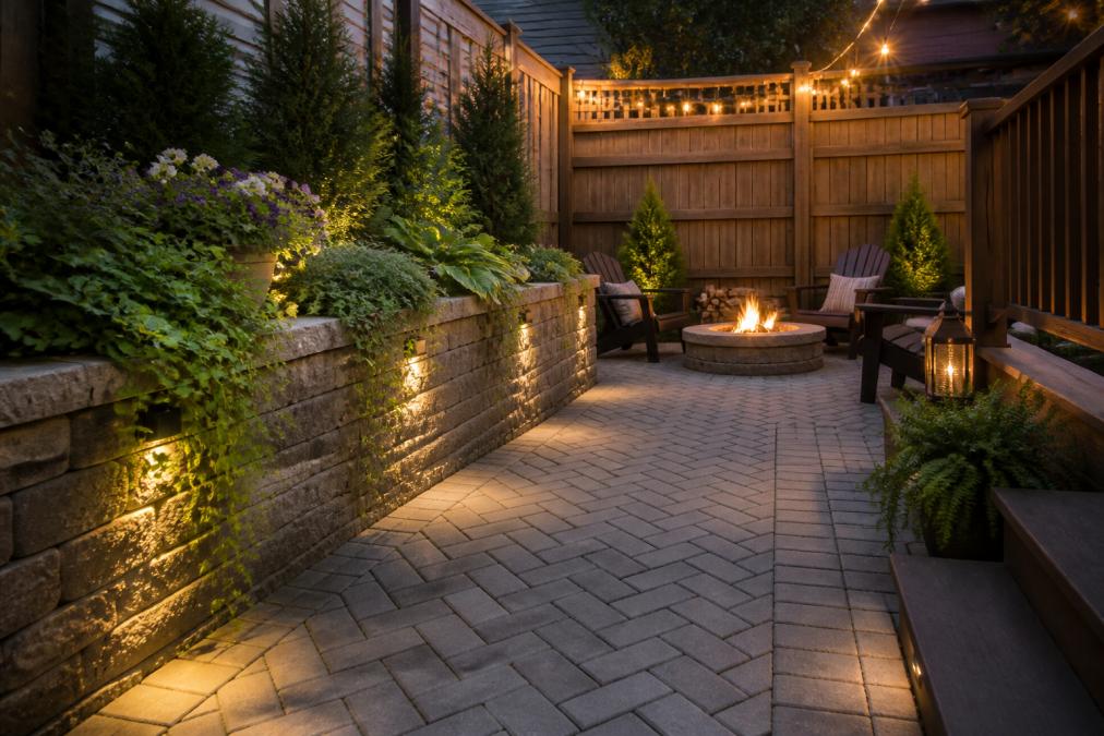 A close-up view of a small residential patio featuring permeable pavers in a herringbone pattern, a low stone retaining wall with cascading plantings, ambient string lighting overhead, and a small fire pit area in the corner, demonstrating the balance between hardscaping and softscaping in a tight outdoor space