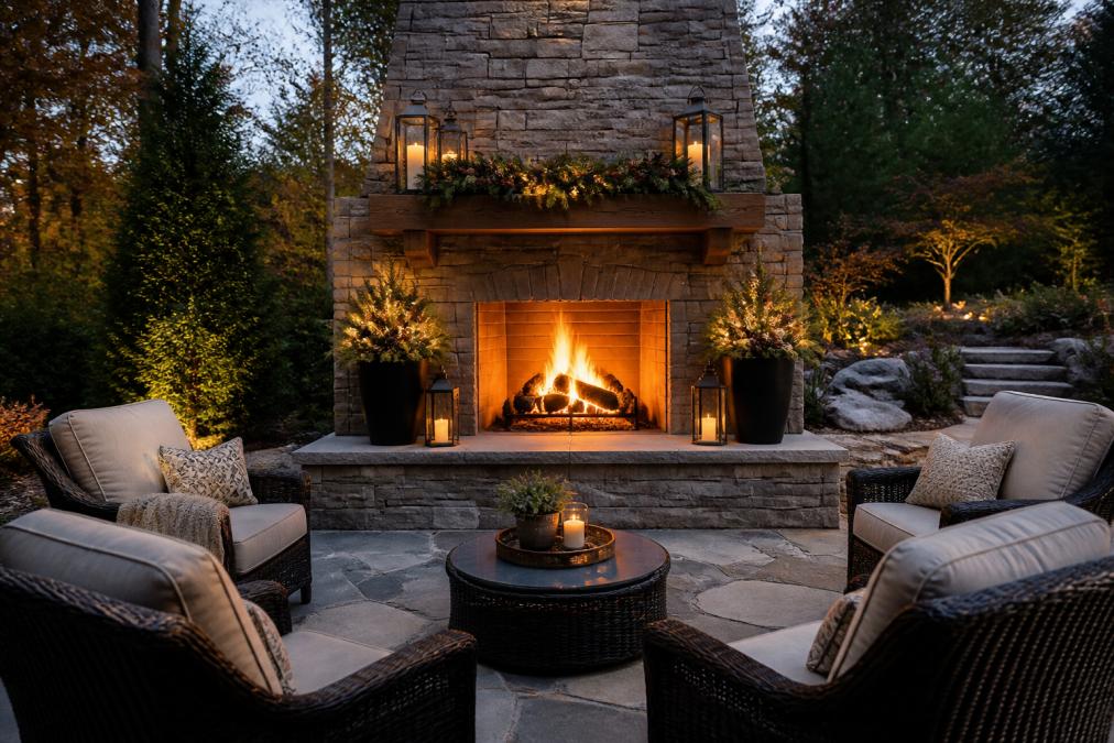 A beautifully completed outdoor fireplace with a stone hearth in warm gray tones, a wooden mantel decorated with lanterns and seasonal greenery, a roaring fire visible in the firebox, and comfortable lounge chairs arranged in a semi-circle nearby with soft ambient lighting