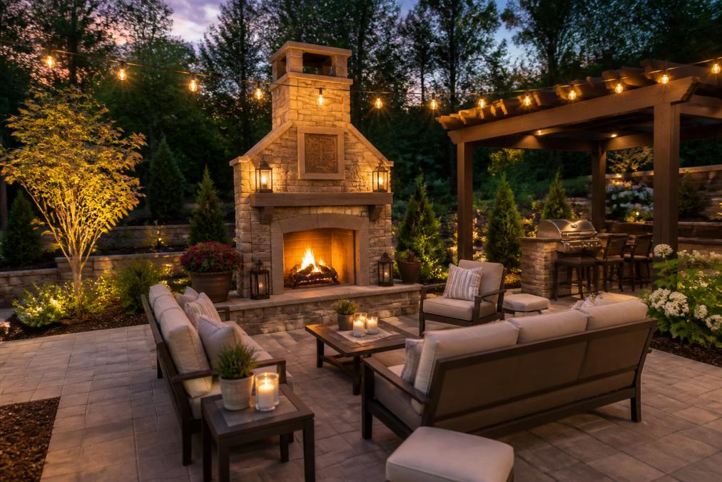An expansive outdoor living area with a custom stone fireplace as the dramatic focal point, surrounded by comfortable patio furniture in neutral tones, ambient string lighting strung overhead between posts, a cozy pergola to one side, and lush landscaping framing the space with warm evening light