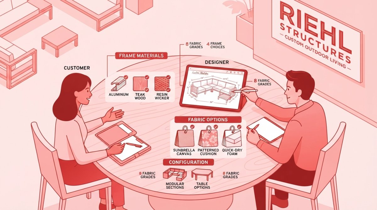 Overhead view of customer and designer reviewing custom sectional furniture sketches and fabric samples at a showroom table with multiple poly lumber and wicker material swatches displayed