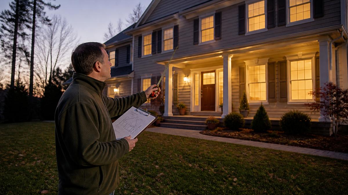 A homeowner standing on a front lawn at dusk, holding a tape measure and a clipboard with a rough sketch of a house roofline, looking up at the eaves while warm interior lights glow through the windows