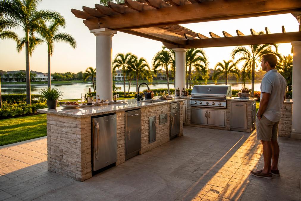 Luxurious outdoor kitchen island with stainless steel appliances, stone countertops, and pergola overhead during golden hour, with homeowner admiring the finished space