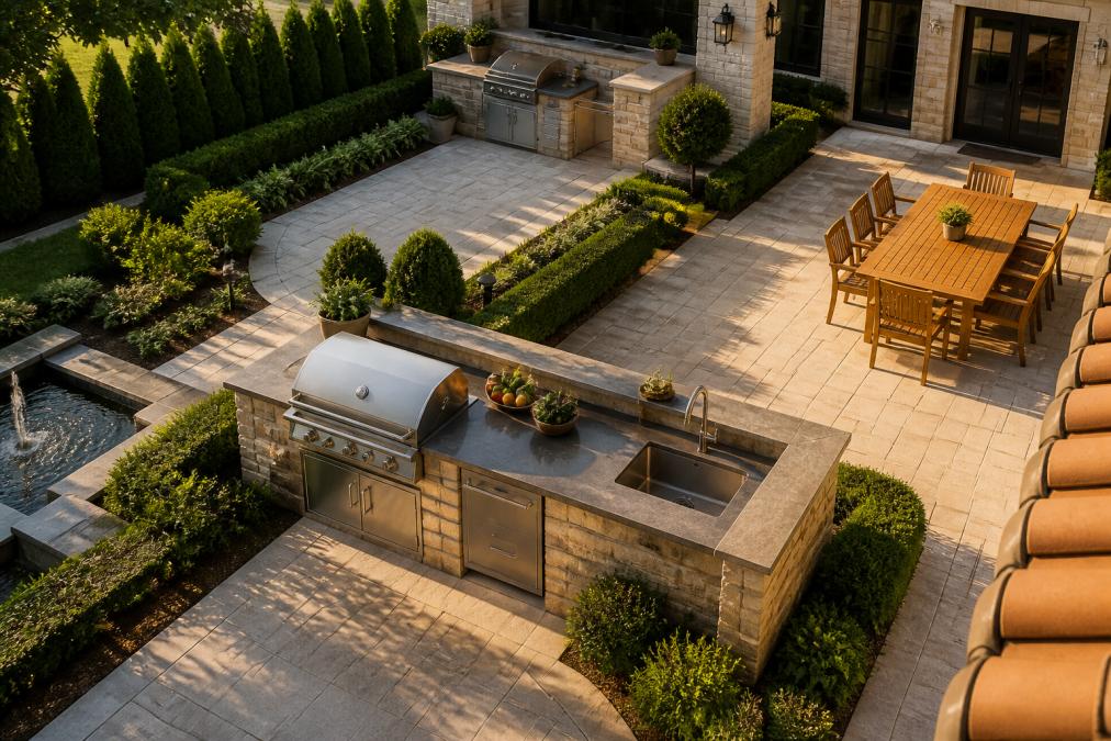 Aerial view of a luxury backyard with a custom stone grill island, separate dining area with teak furniture, and a food preparation zone defined by hardscaping and low hedges, warm afternoon sunlight