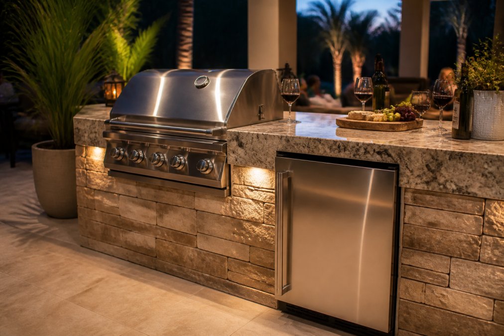 Close-up of a stainless steel built-in grill and side-mounted refrigeration unit integrated into a stone countertop outdoor kitchen island, with ambient warm lighting at dusk and a blurred entertaining area in the background