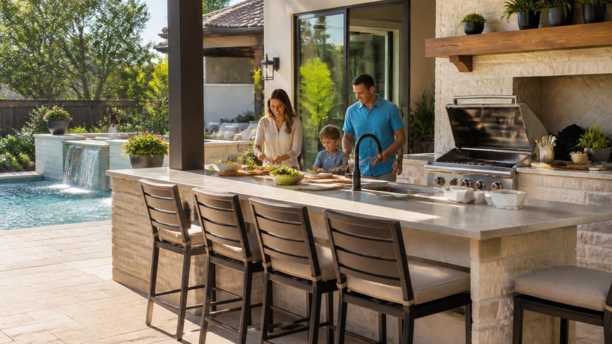 A spacious custom outdoor kitchen with a built-in grill, prep counter, and bar seating, with a family preparing a meal on a sunny day near a pool