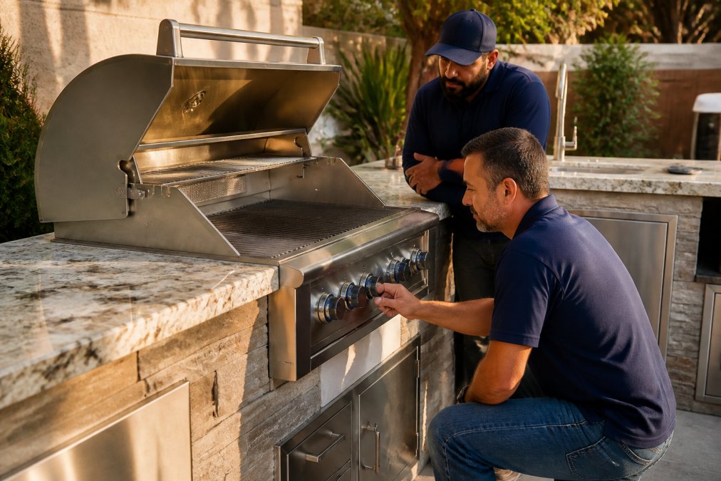 Close-up of premium stainless steel grill with stone countertop and granite surface in an outdoor kitchen setting, natural afternoon lighting