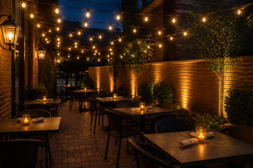 A cozy small restaurant patio at dusk with warm white bistro string lights strung overhead in a grid pattern, intimate two-top tables with candles, and soft accent lighting on a brick wall in the background