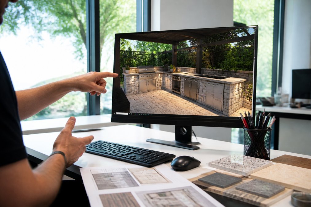 Close-up of a designer's hands pointing at a computer monitor displaying a 3D interactive outdoor kitchen design with stone countertops and built-in grill, modern office setting with natural daylight