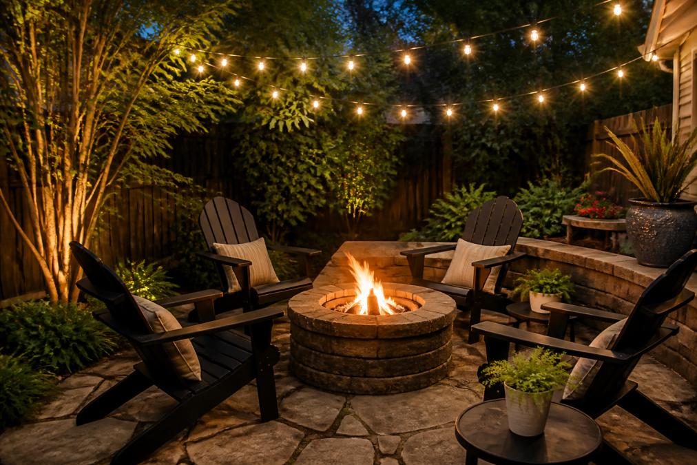 Intimate backyard patio at dusk with a rustic fire pit surrounded by comfortable seating, warm ambient lighting from string lights overhead, lush greenery framing the space, showing how a single focal point creates an inviting outdoor gathering area