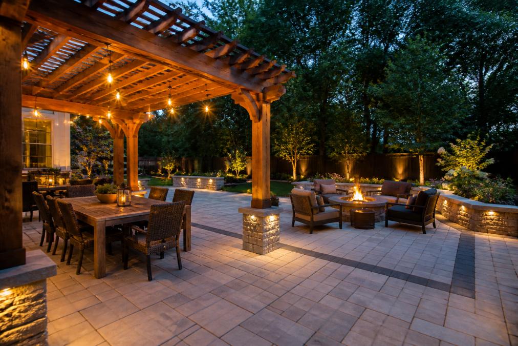 Well-designed residential backyard patio featuring a wooden pergola overhead, comfortable outdoor dining furniture on stone pavers, a fire pit area with seating, and warm ambient lighting illuminating the space at dusk with mature landscaping in background