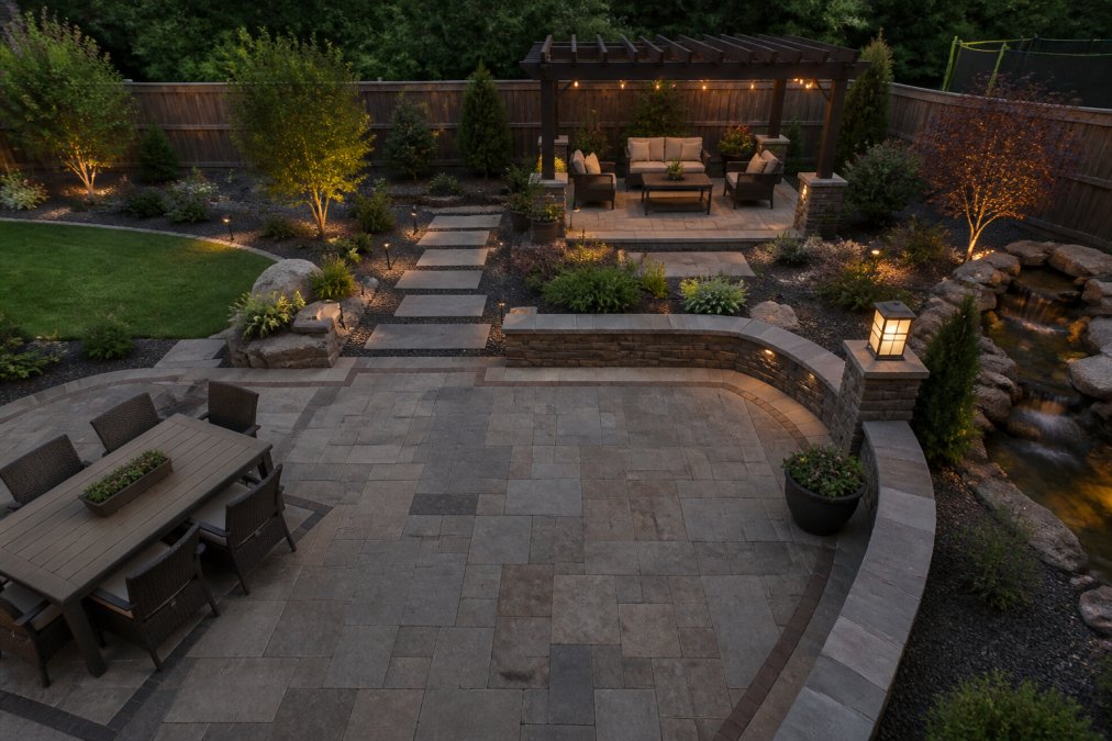 Overhead view of a residential backyard showing clearly defined functional zones with a stone patio in foreground, separate seating area with pergola in middle ground, and landscaped garden beds with hardscape elements along perimeter, demonstrating spatial optimization