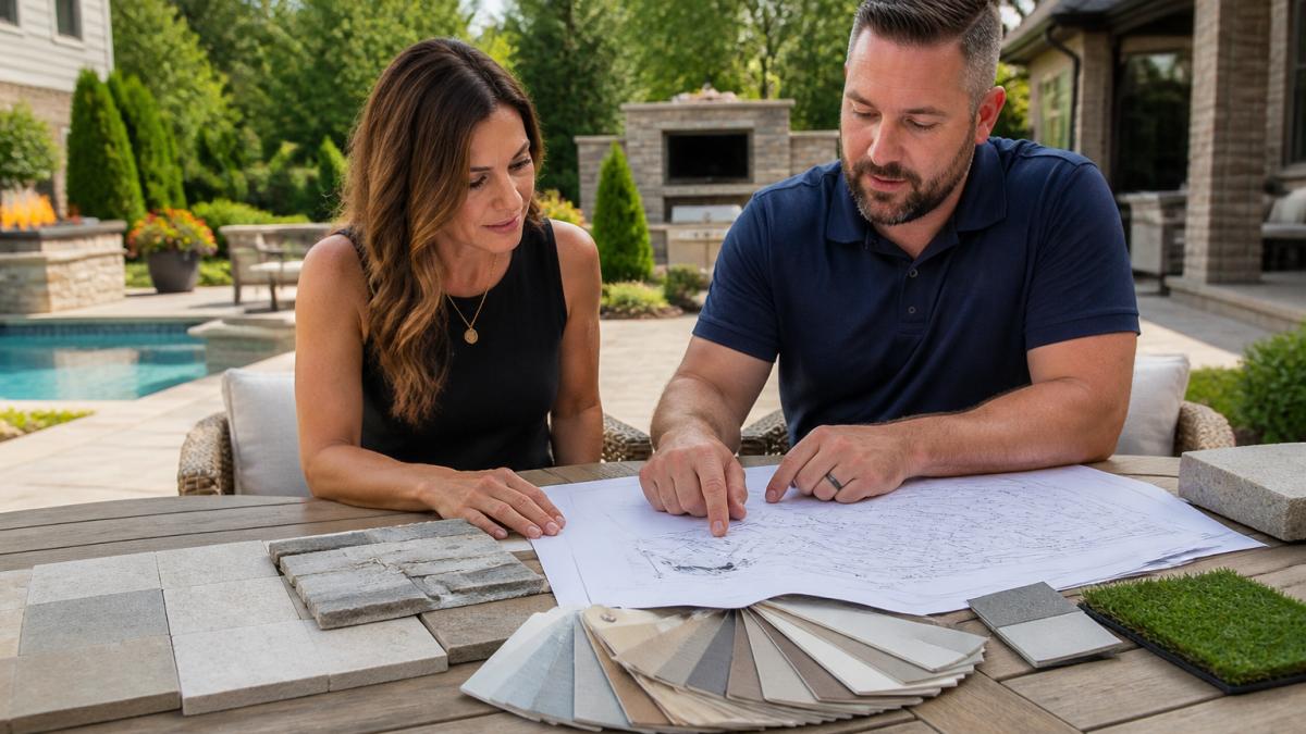 A designer and homeowner reviewing outdoor living plans and material samples at a patio table in a residential backyard, with trees and a partially visible house in the background
