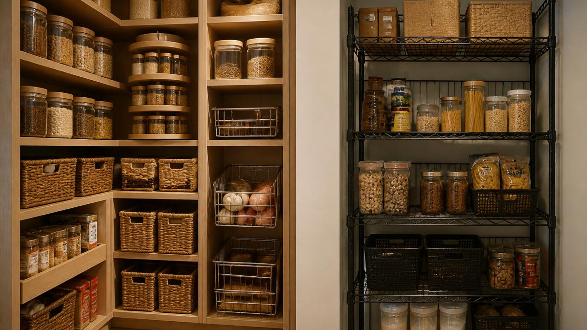 Well-organized pantry with custom built-in shelving featuring labeled containers, rotating spice racks, and modular storage baskets arranged on multiple tiers with warm natural lighting