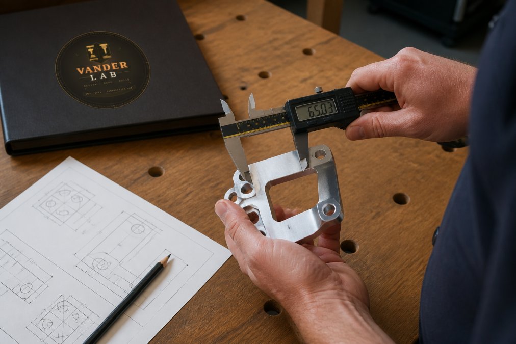Close-up of hands using digital calipers to measure a machined aluminum bracket on a workbench, with a technical drawing and pencil nearby