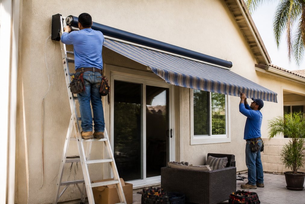Workers installing retractable patio awnings on a residential home exterior.