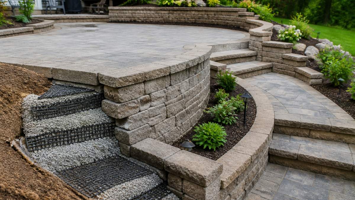 A newly constructed tiered stone retaining wall supporting a paver patio on a sloped backyard, with geogrid layers visible at the wall base and a stepped pathway curving between levels