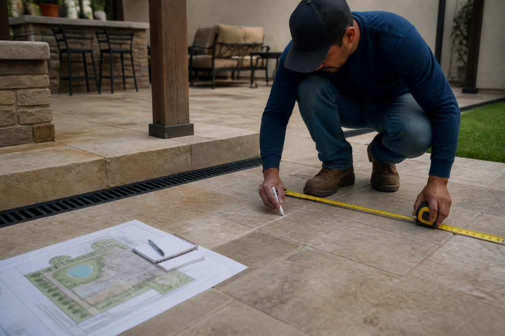 Certified professional contractor in McAllen measuring and marking patio area with measuring tape and marking chalk, site assessment materials and drainage design documents visible on ground