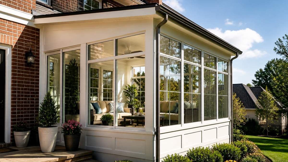 A sunroom addition attached to a suburban brick home with large windows, furnished with comfortable seating and potted plants, natural light flooding the space on a clear day
